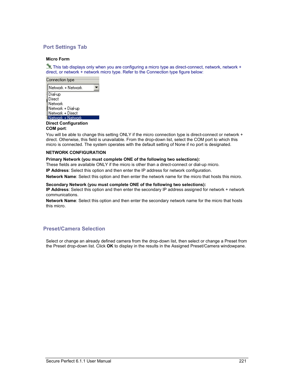 Port settings tab, Preset/camera selection, On the | Micro form, port settings | GE v6 User Manual | Page 223 / 269