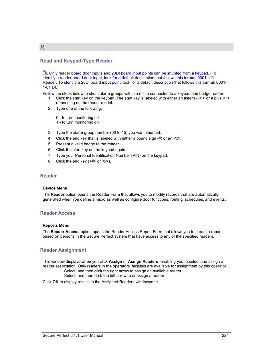 Read and keypad-type reader, Reader, Reader access | Reader assignment, Edit readers list, Assign, Clic, Assign readers, Both read/keypad type reader | GE v6 User Manual | Page 226 / 269