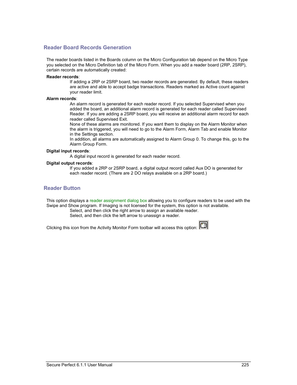 Reader board records generation, Reader button | GE v6 User Manual | Page 227 / 269
