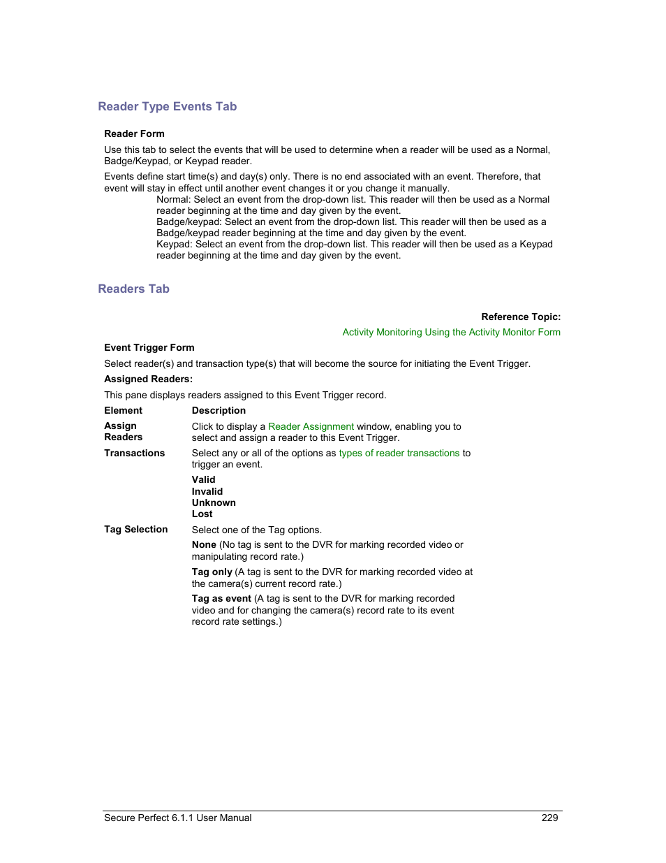 Reader type events tab, Readers tab | GE v6 User Manual | Page 231 / 269