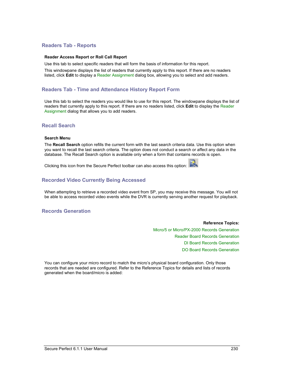 Readers tab - reports, Recall search, Recorded video currently being accessed | Records generation, Recall, Readers tab | GE v6 User Manual | Page 232 / 269