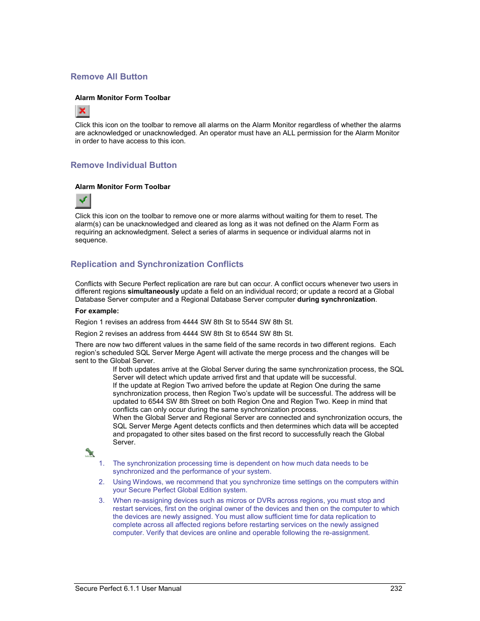 Remove all button, Remove individual button, Replication and synchronization conflicts | Remove, Remove an individual alarm, From th, Monitor | GE v6 User Manual | Page 234 / 269