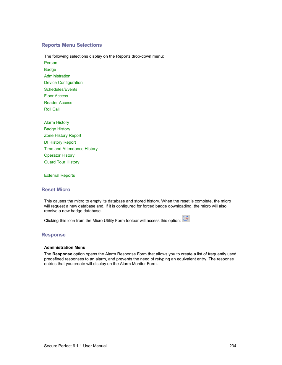 Reports menu selections, Reset micro, Response | Reset | GE v6 User Manual | Page 236 / 269