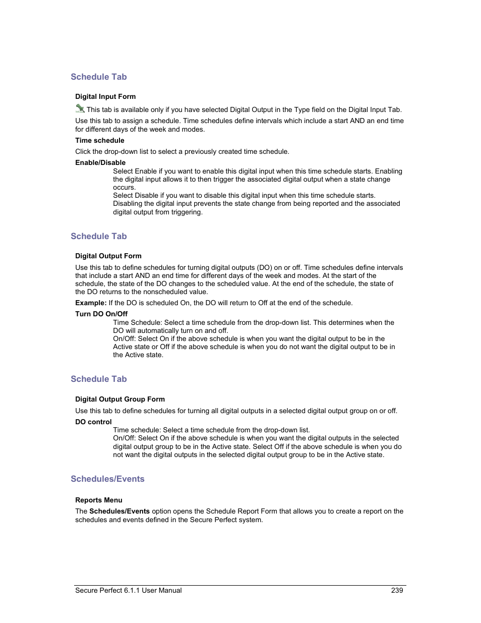 Schedule tab, Schedules/events | GE v6 User Manual | Page 241 / 269