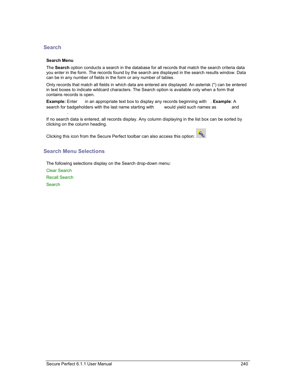 Search, Search menu selections, Search and display | A list of e | GE v6 User Manual | Page 242 / 269