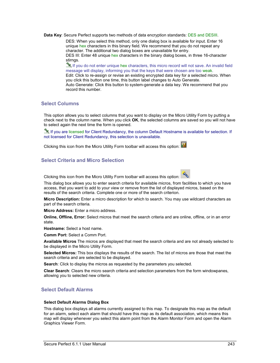 Select columns, Select criteria and micro selection, Select default alarms | Column, Search criteria and micro selection | GE v6 User Manual | Page 245 / 269