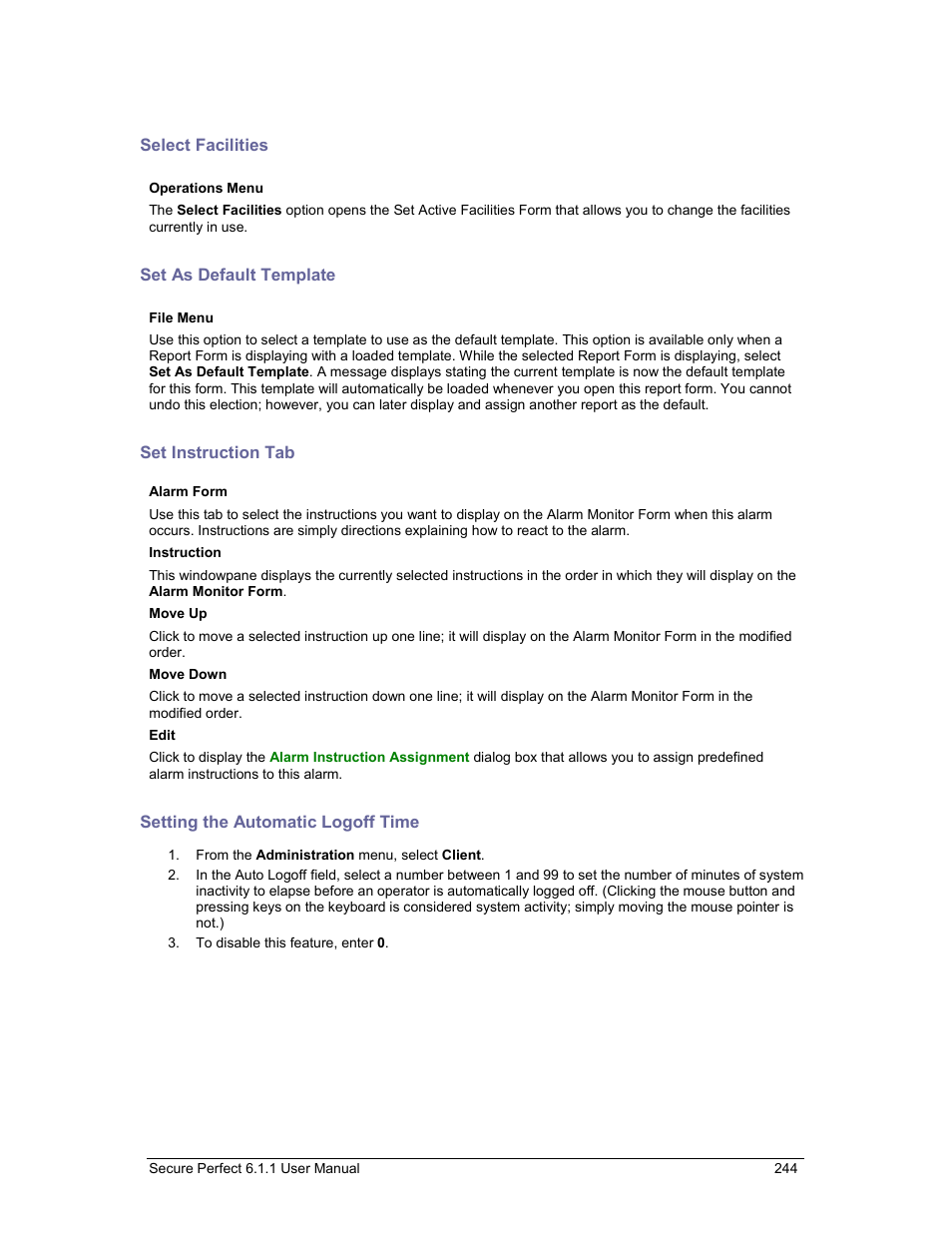 Select facilities, Set as default template, Set instruction tab | Setting the automatic logoff time | GE v6 User Manual | Page 246 / 269