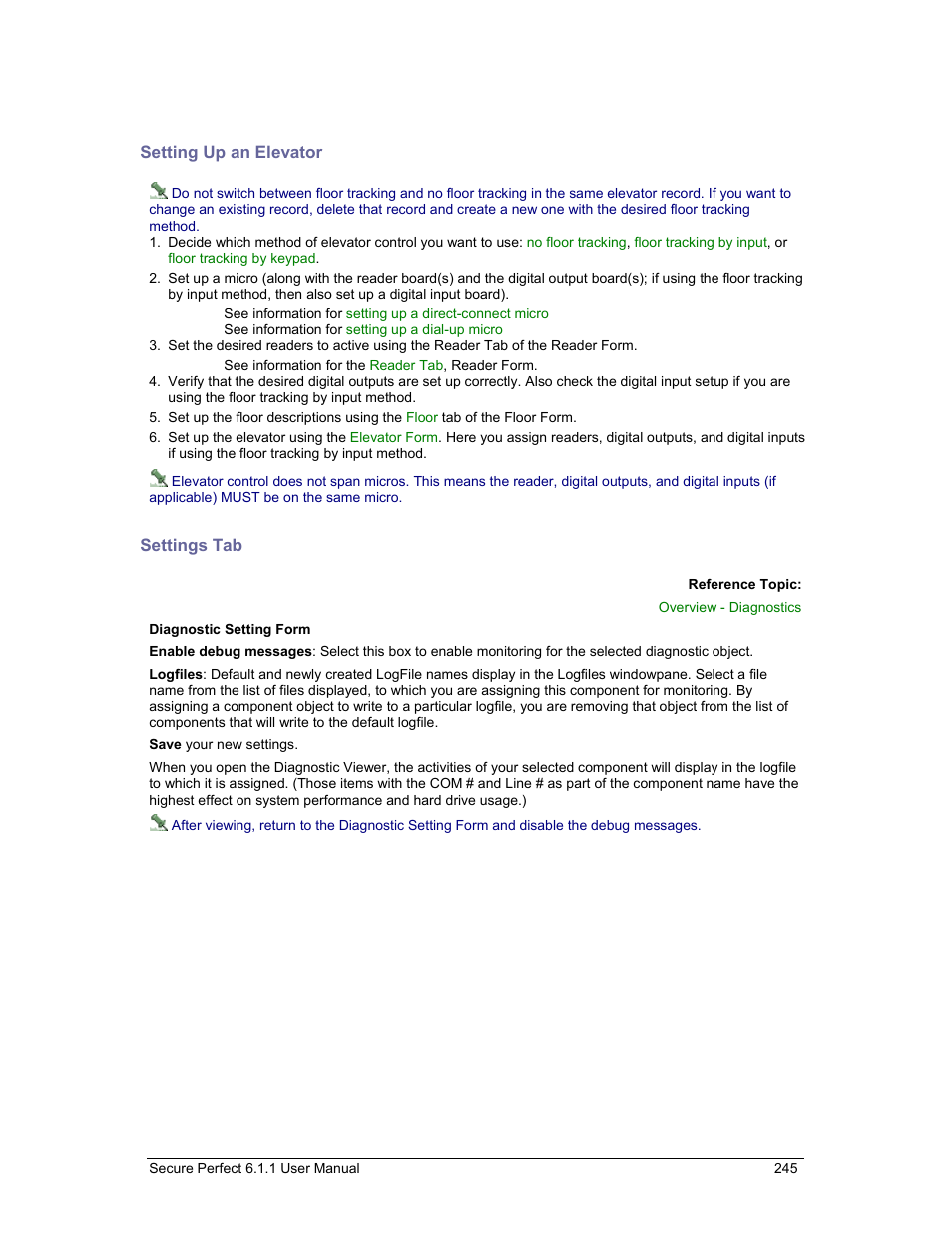 Setting up an elevator, Settings tab | GE v6 User Manual | Page 247 / 269