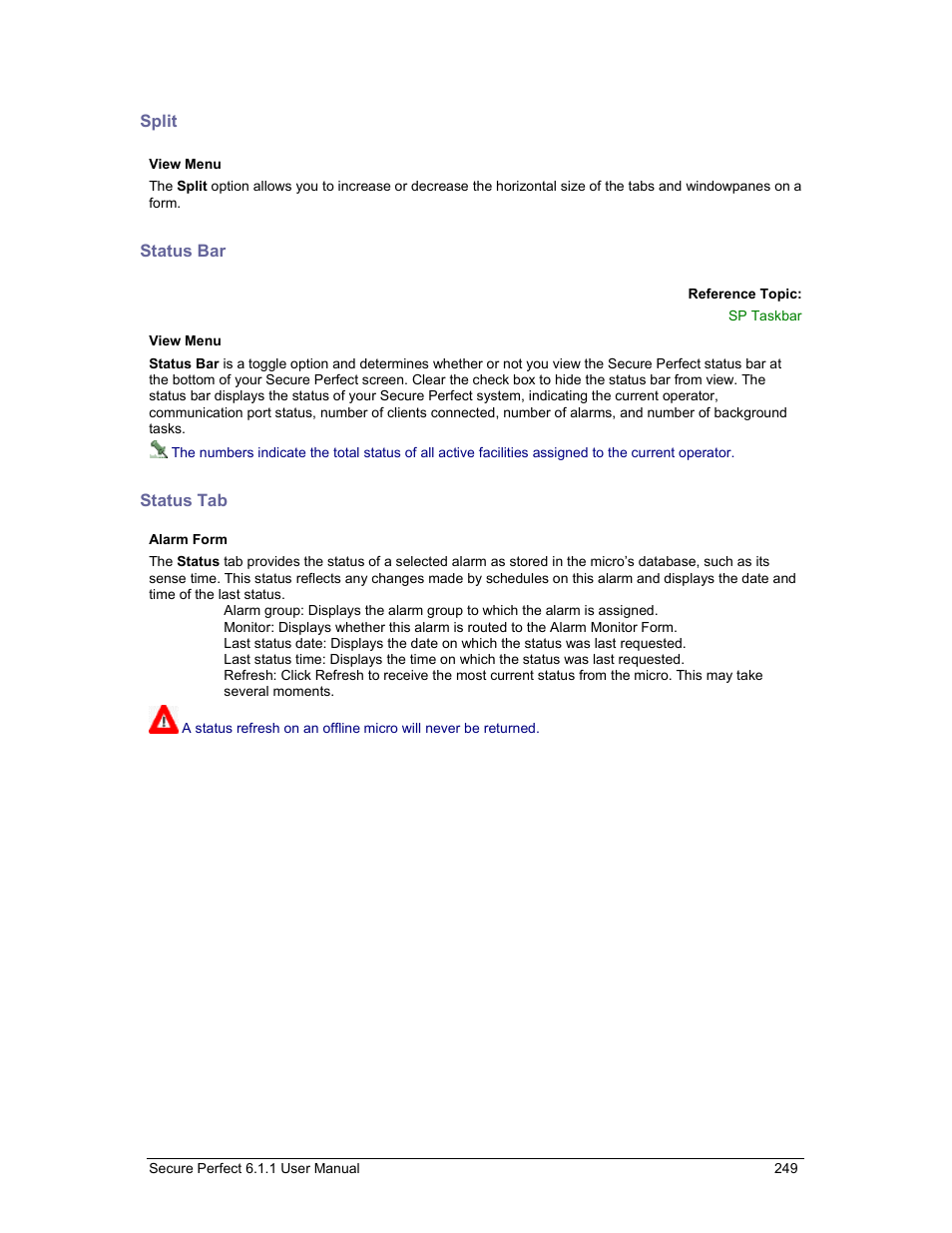 Split, Status bar, Status tab | Alarm form | GE v6 User Manual | Page 251 / 269