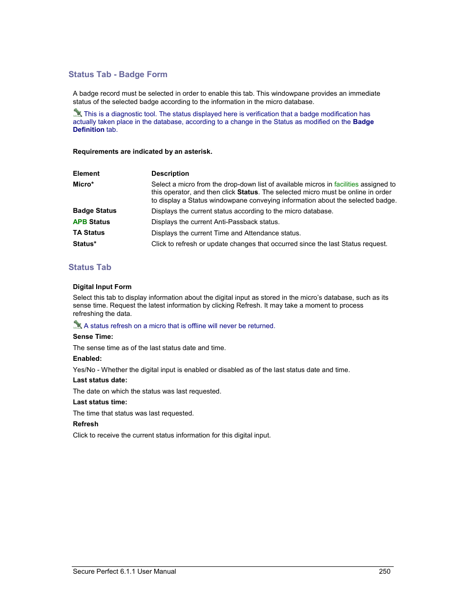 Status tab - badge form, Status tab, Digital input form | GE v6 User Manual | Page 252 / 269