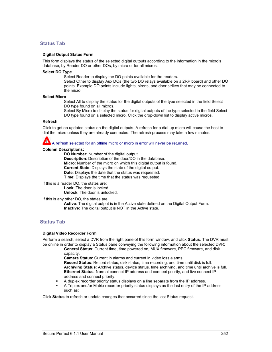 Status tab, Digital output status form, Digital video recorder form | GE v6 User Manual | Page 254 / 269