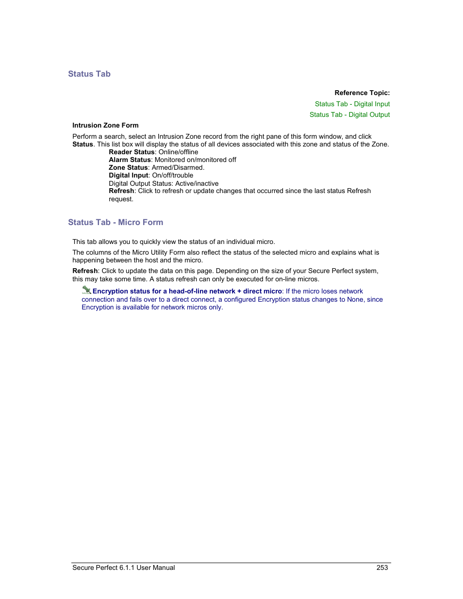 Status tab, Intrusion zone form, Status tab - micro form | Status tab – micro form | GE v6 User Manual | Page 255 / 269