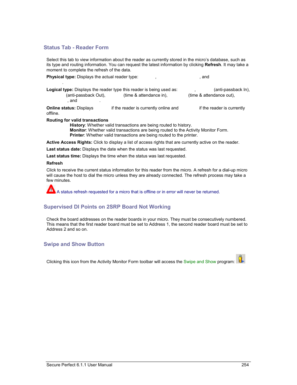 Status tab - reader form, Supervised di points on 2srp board not working, Swipe and show button | Status tab | GE v6 User Manual | Page 256 / 269