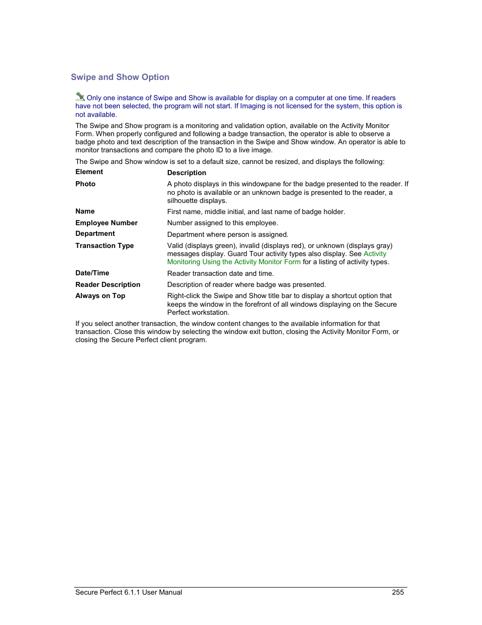 Swipe and show option, Swipe and show | GE v6 User Manual | Page 257 / 269