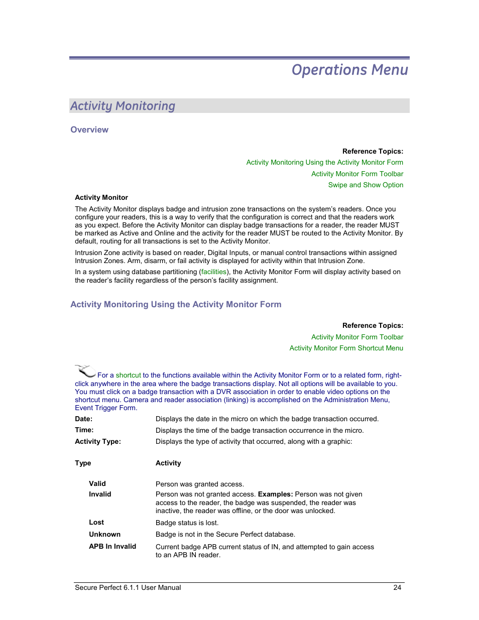 Operations menu, Activity monitoring, Overview | Activity monitor form | GE v6 User Manual | Page 26 / 269