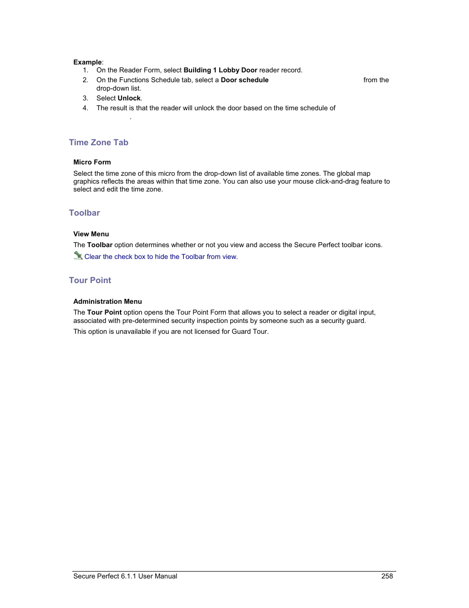 Time zone tab, Toolbar, Tour point | GE v6 User Manual | Page 260 / 269