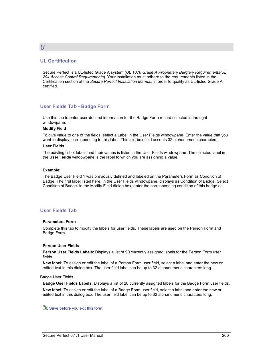 Ul certification, User fields tab - badge form, User fields tab | Ul-listed | GE v6 User Manual | Page 262 / 269