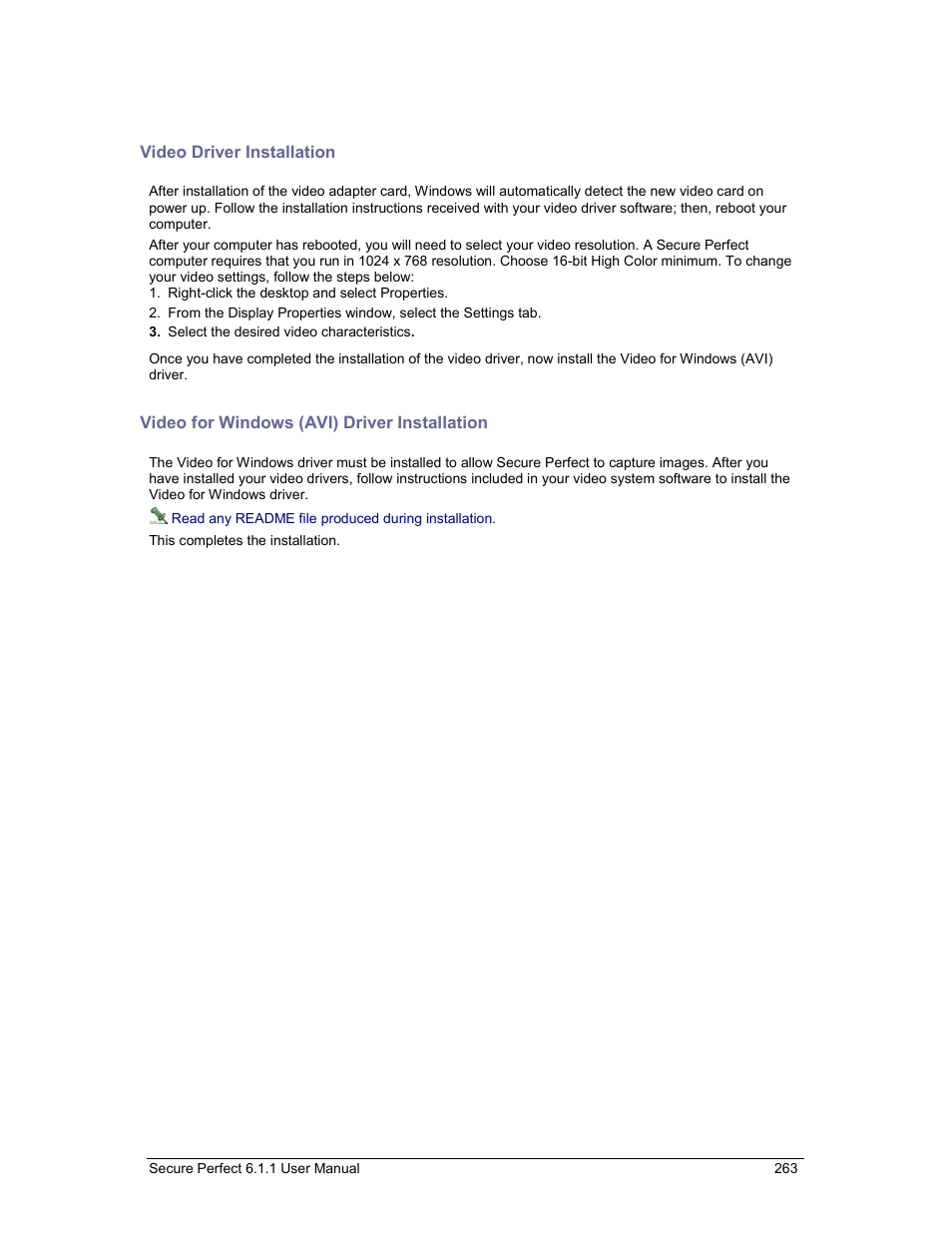 Video driver installation, Video for windows (avi) driver installation | GE v6 User Manual | Page 265 / 269