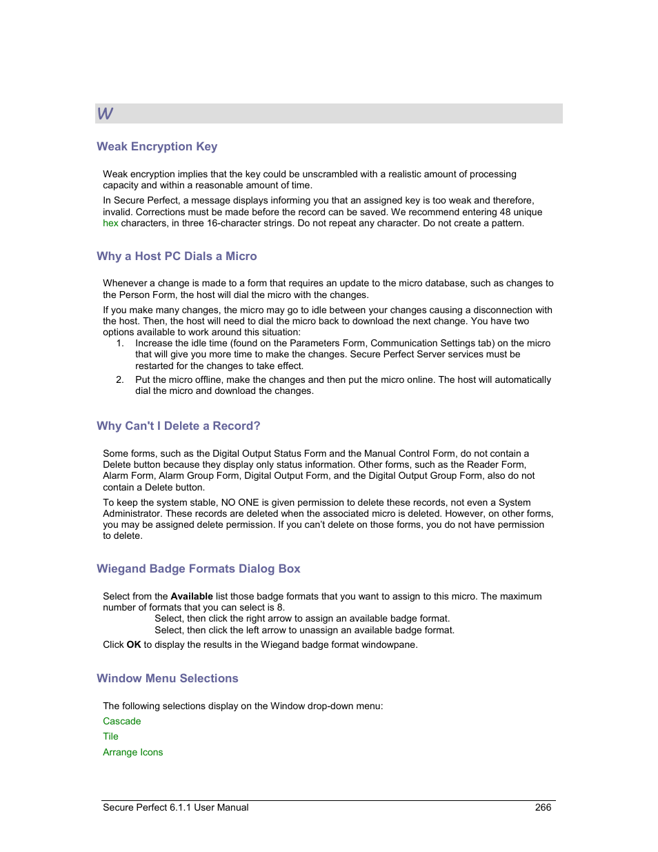 Weak encryption key, Why a host pc dials a micro, Why can't i delete a record | Wiegand badge formats dialog box, Window menu selections, Why does the host dial a micro, Weak | GE v6 User Manual | Page 268 / 269
