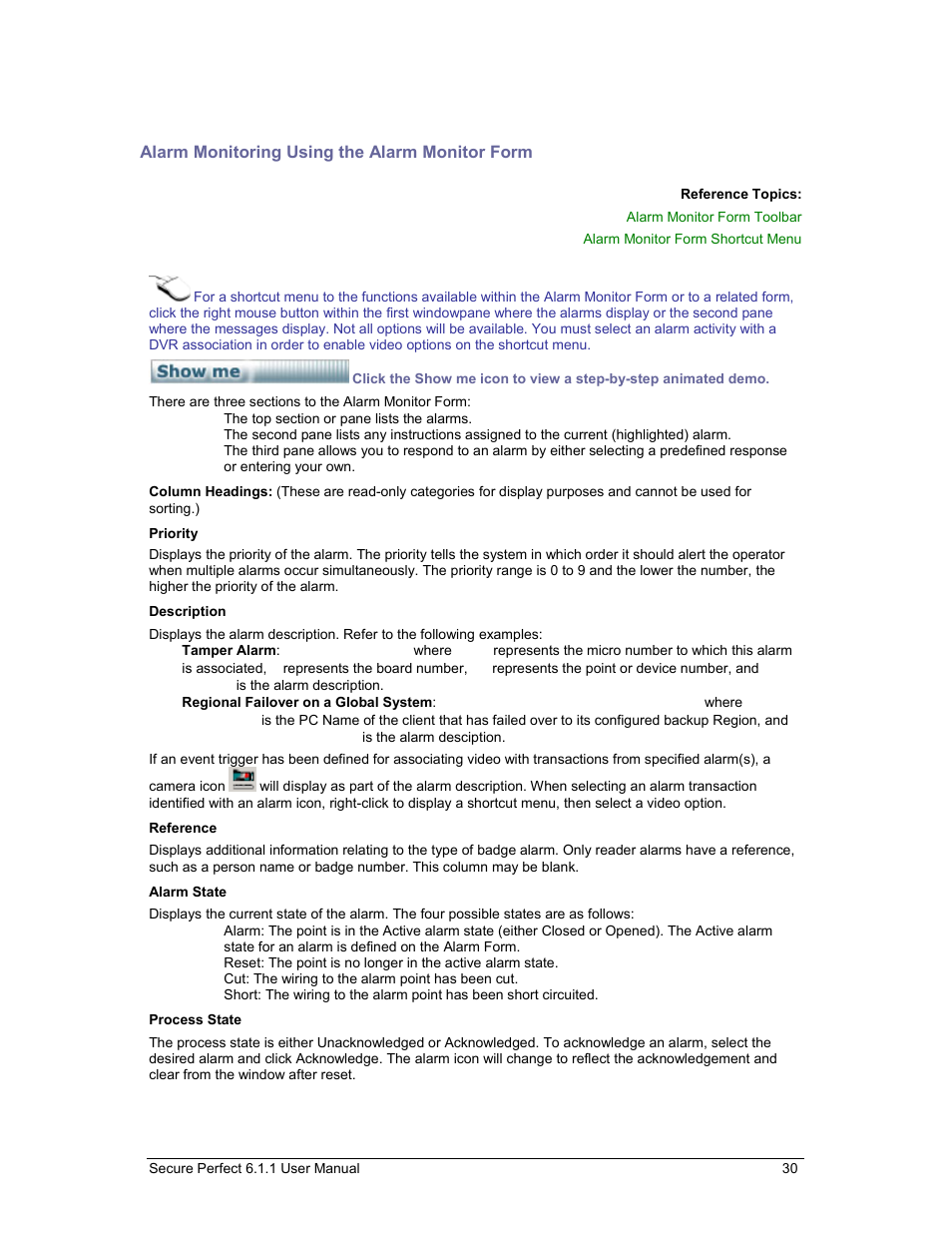 Alarm monitoring using the alarm monitor form | GE v6 User Manual | Page 32 / 269