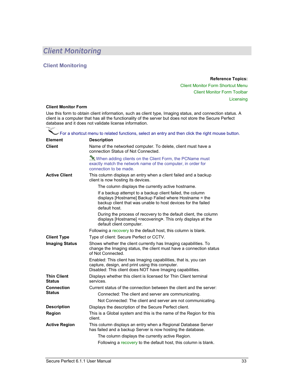 Client monitoring, Client monitor form | GE v6 User Manual | Page 35 / 269