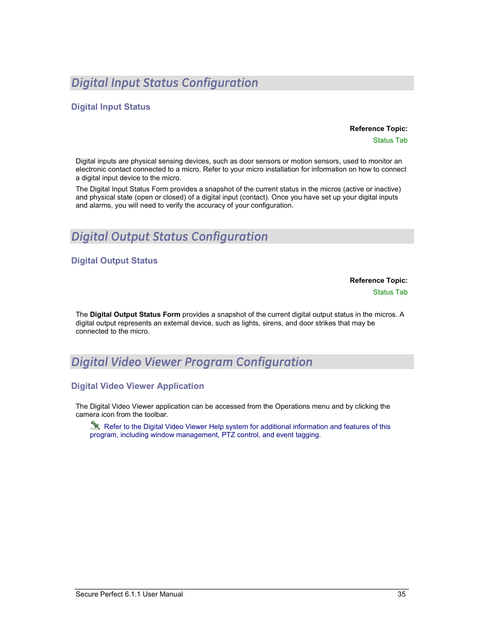 Digital input status configuration, Digital output status configuration, Digital video viewer program configuration | Digital input status, Digital output status, Digital video viewer application | GE v6 User Manual | Page 37 / 269