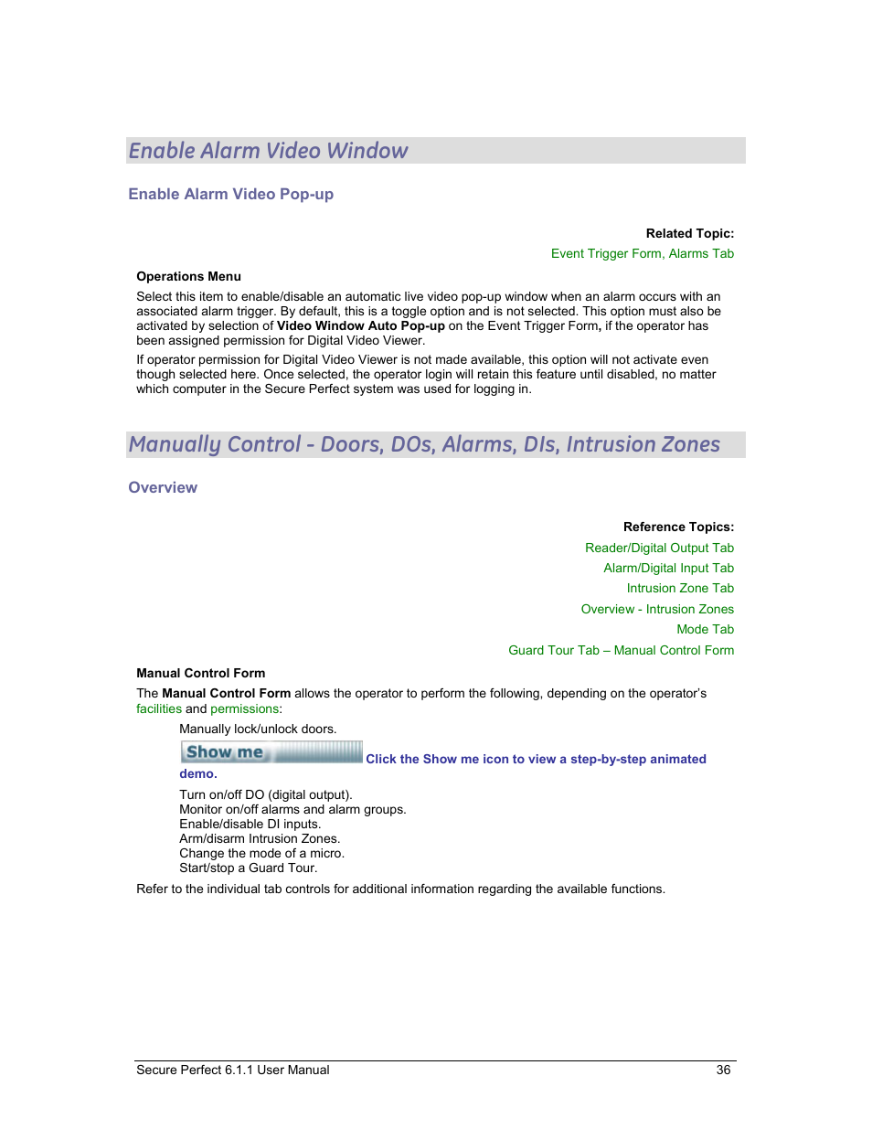 Enable alarm video window, Enable alarm video pop-up, Overview | Manual control form, Overview - manual control form | GE v6 User Manual | Page 38 / 269
