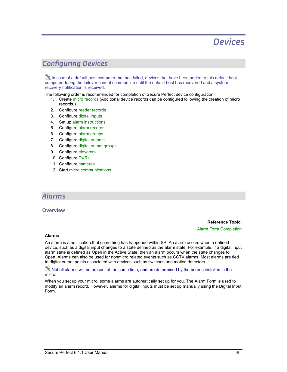 Devices, Configuring devices, Alarms | Overview | GE v6 User Manual | Page 42 / 269