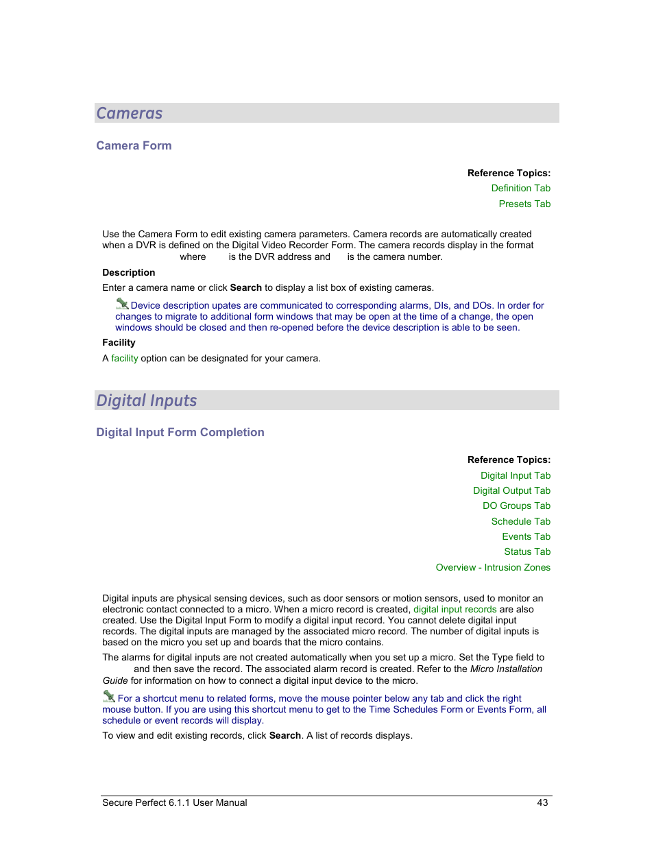 Cameras, Digital inputs, Camera form | Digital input form completion | GE v6 User Manual | Page 45 / 269