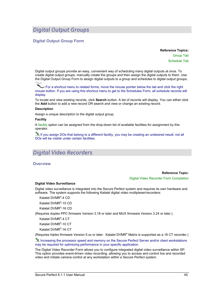 Digital output groups, Digital video recorders, Digital output group form | Overview, Digital video recorder, Netw | GE v6 User Manual | Page 47 / 269