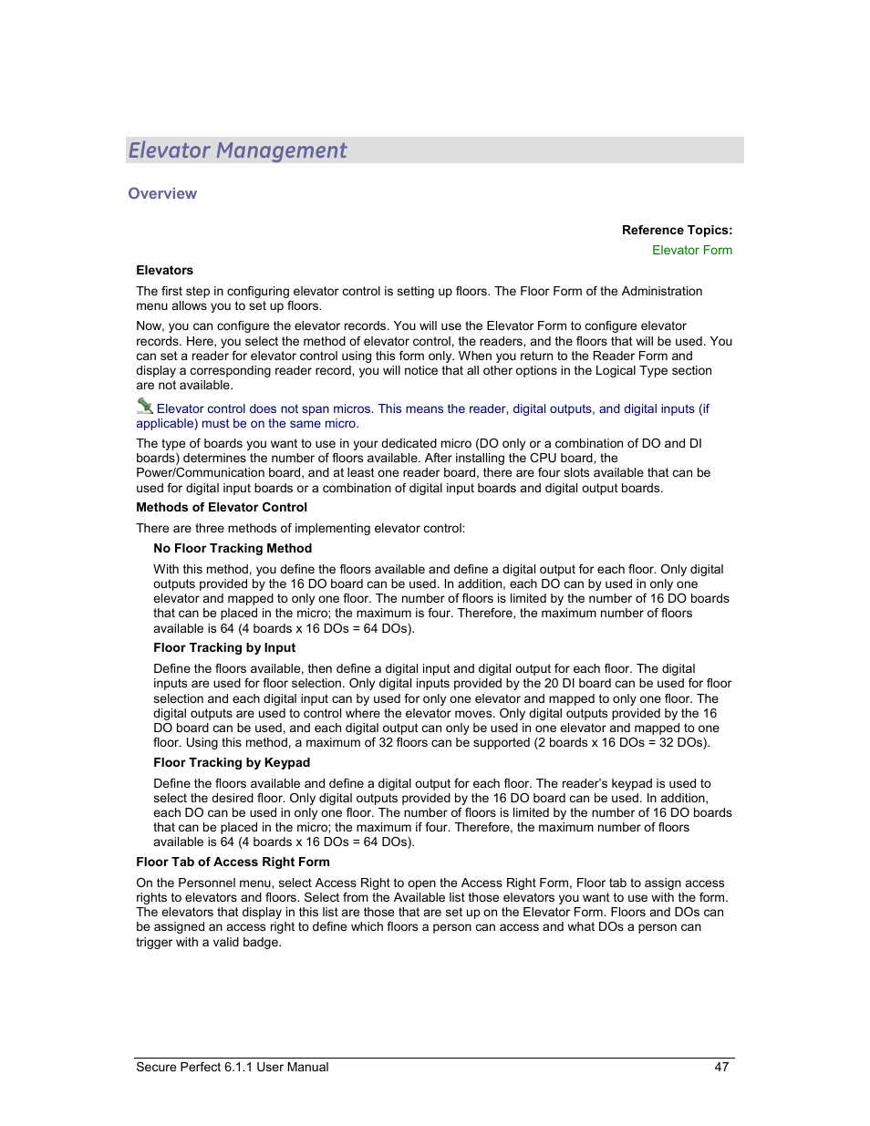 Elevator management, Overview, Elevators | GE v6 User Manual | Page 49 / 269