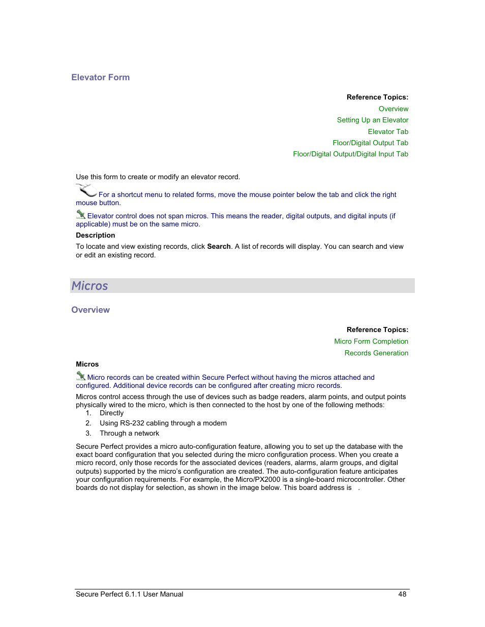 Micros, Elevator form, Overview | GE v6 User Manual | Page 50 / 269