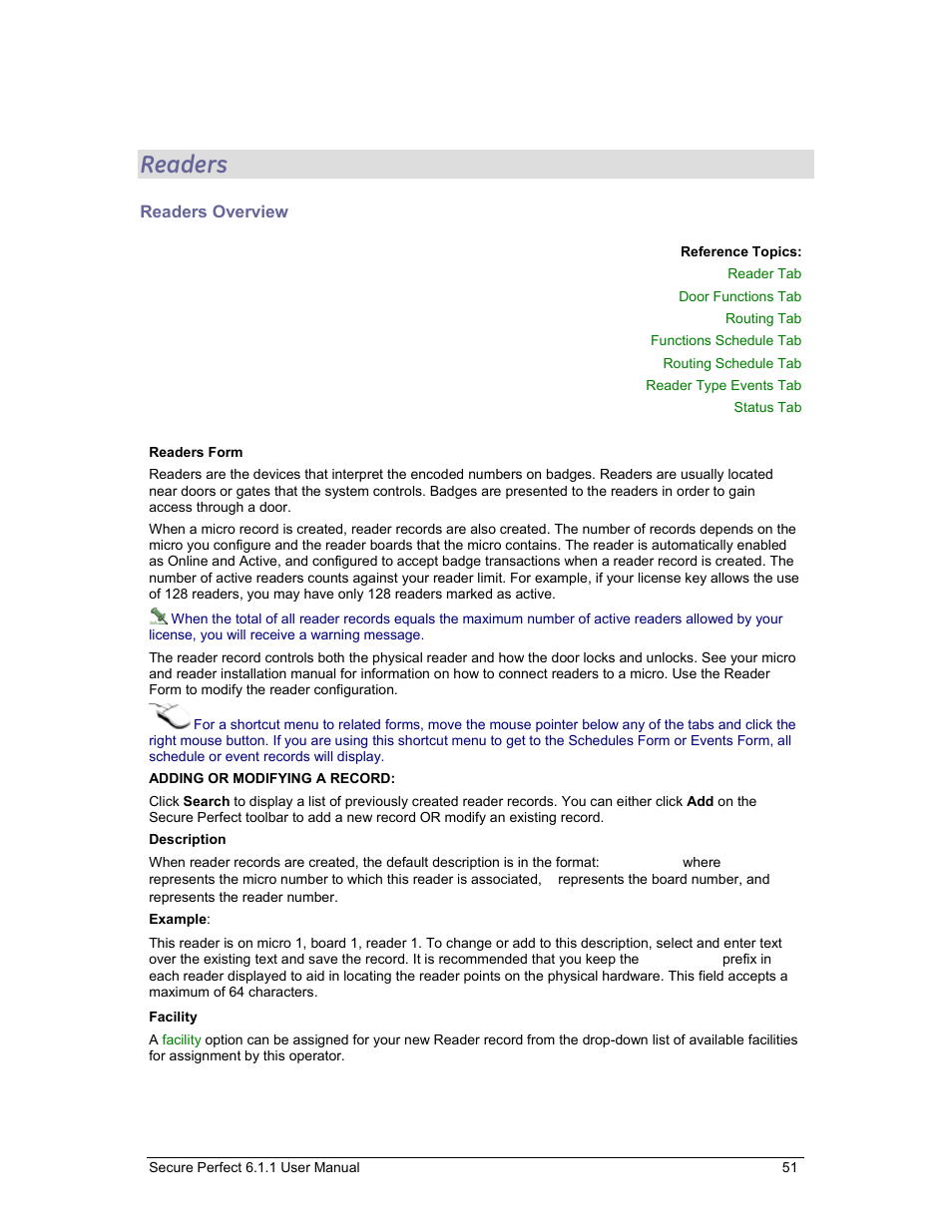 Readers, Readers overview, Reader records | GE v6 User Manual | Page 53 / 269