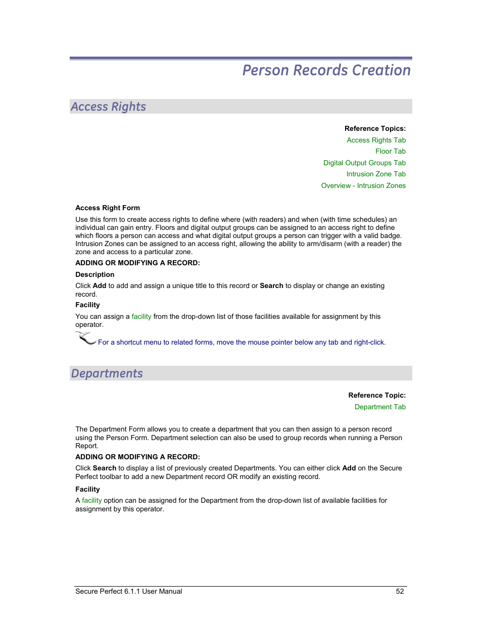 Person records creation, Access rights, Departments | Eate | GE v6 User Manual | Page 54 / 269