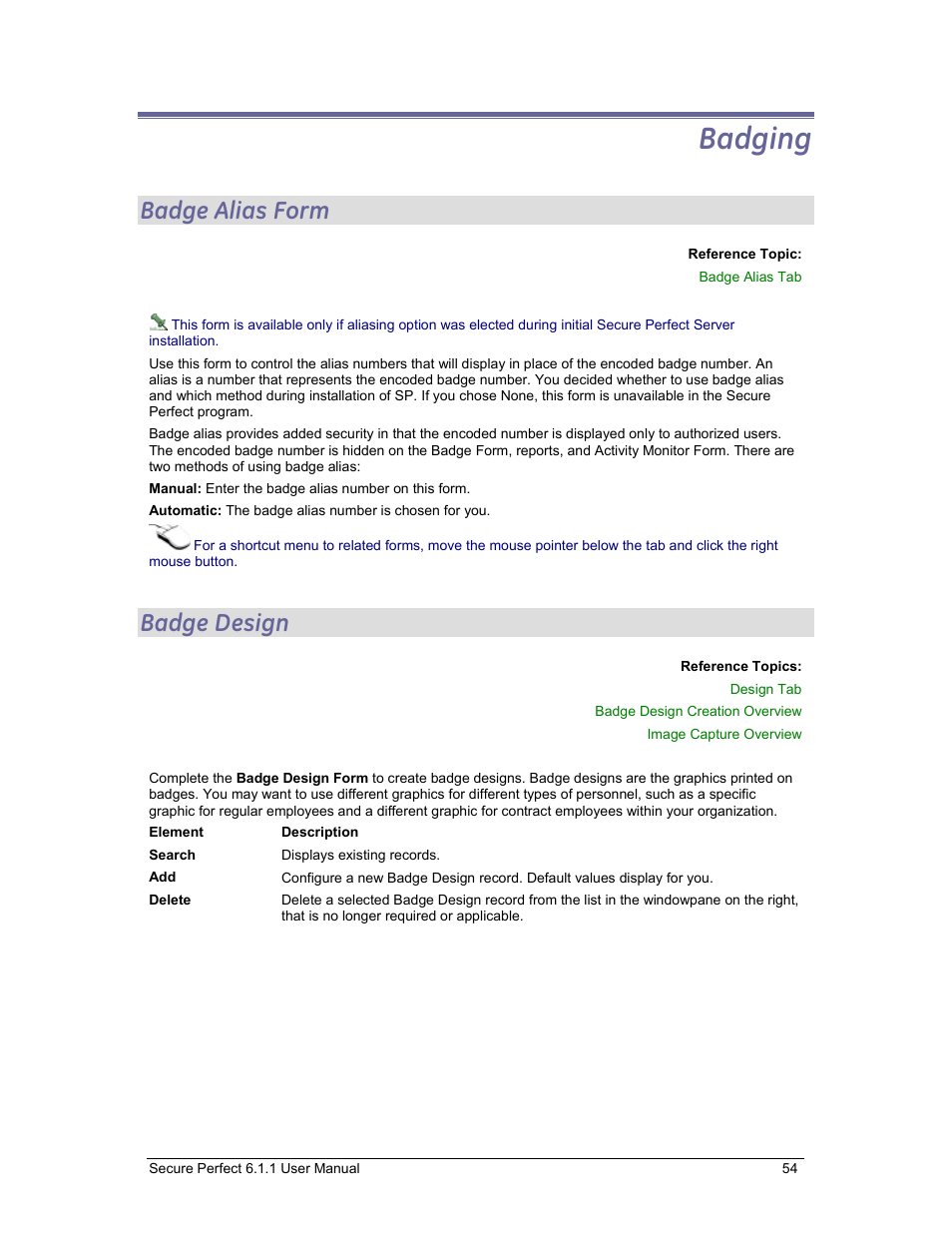 Badging, Badge alias form, Badge design | GE v6 User Manual | Page 56 / 269