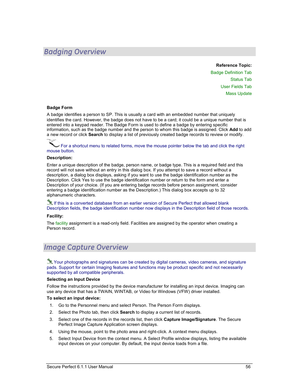 Badging overview, Image capture overview, Badges | GE v6 User Manual | Page 58 / 269