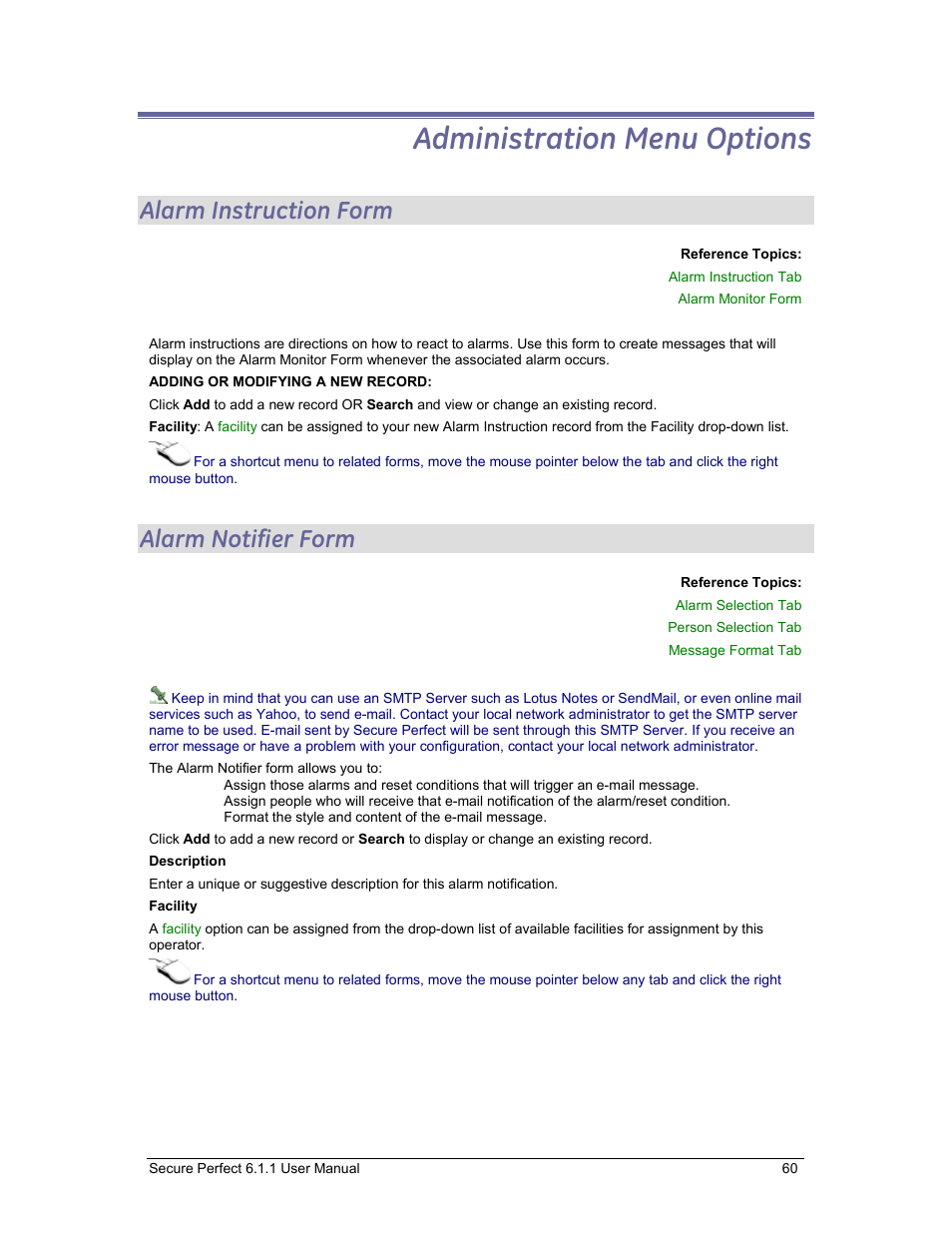 Administration menu options, Alarm instruction form, Alarm notifier form | Alarm instructions | GE v6 User Manual | Page 62 / 269