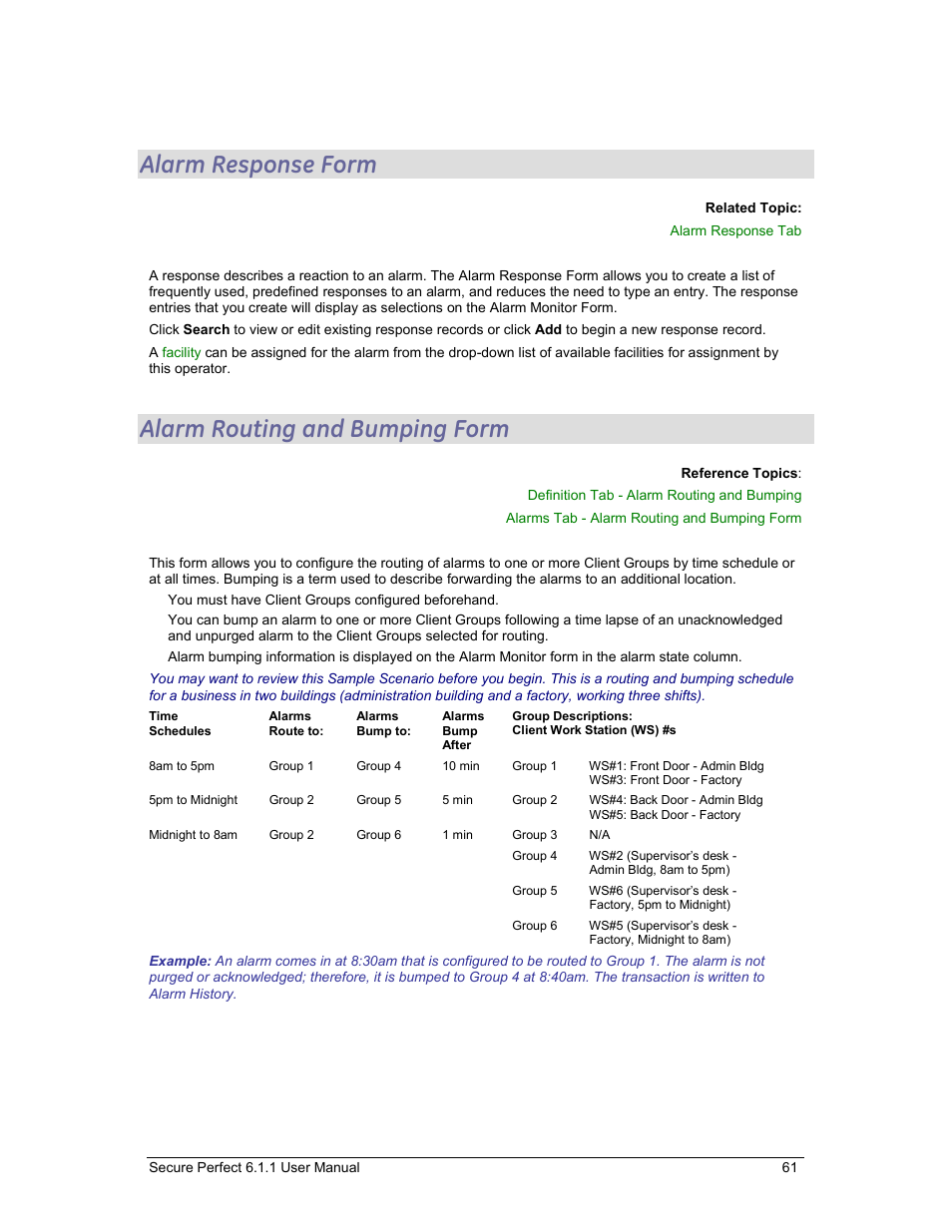 Alarm response form, Alarm routing and bumping form, Alarms can be routed | GE v6 User Manual | Page 63 / 269