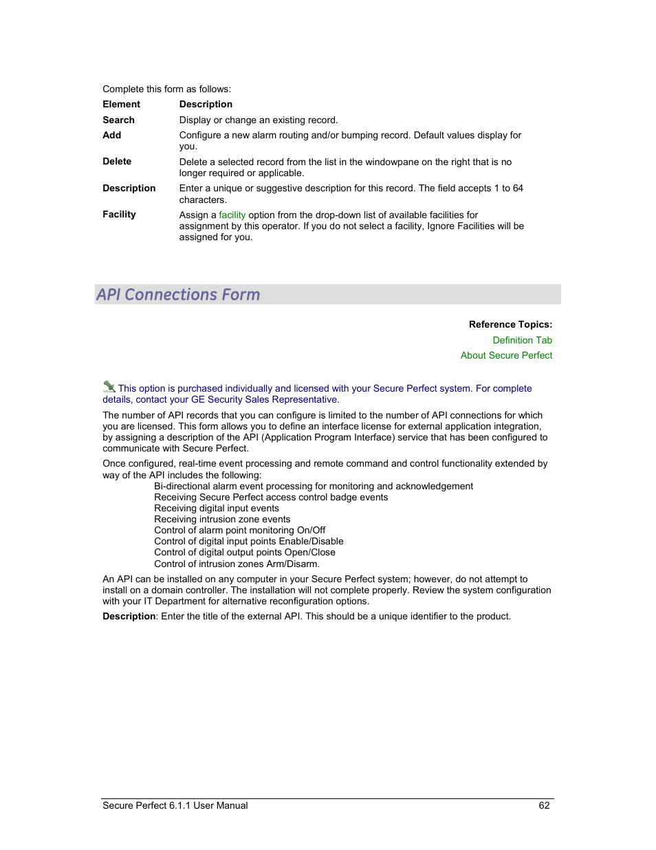 Api connections form | GE v6 User Manual | Page 64 / 269