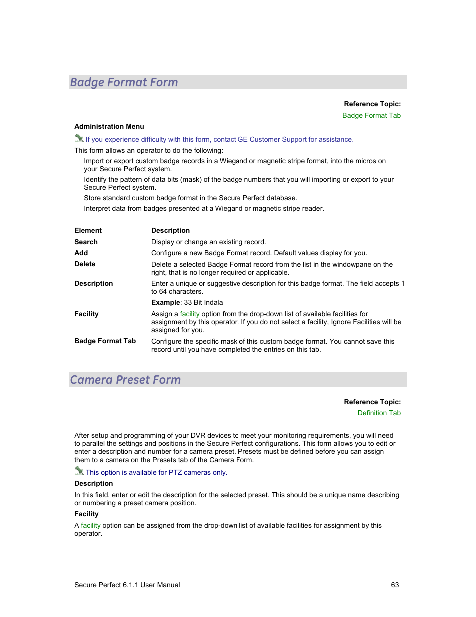 Badge format form, Camera preset form | GE v6 User Manual | Page 65 / 269