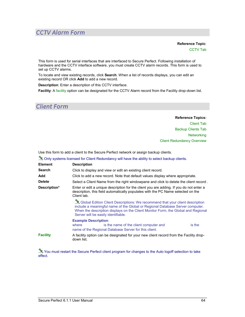 Cctv alarm form, Client form, Clients | GE v6 User Manual | Page 66 / 269