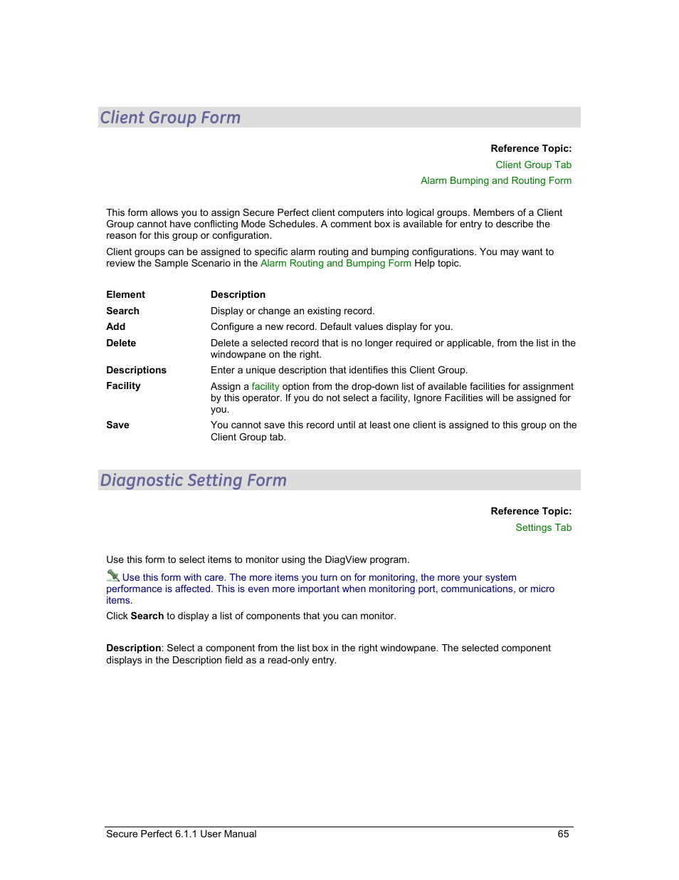 Client group form, Diagnostic setting form, Client groups | GE v6 User Manual | Page 67 / 269