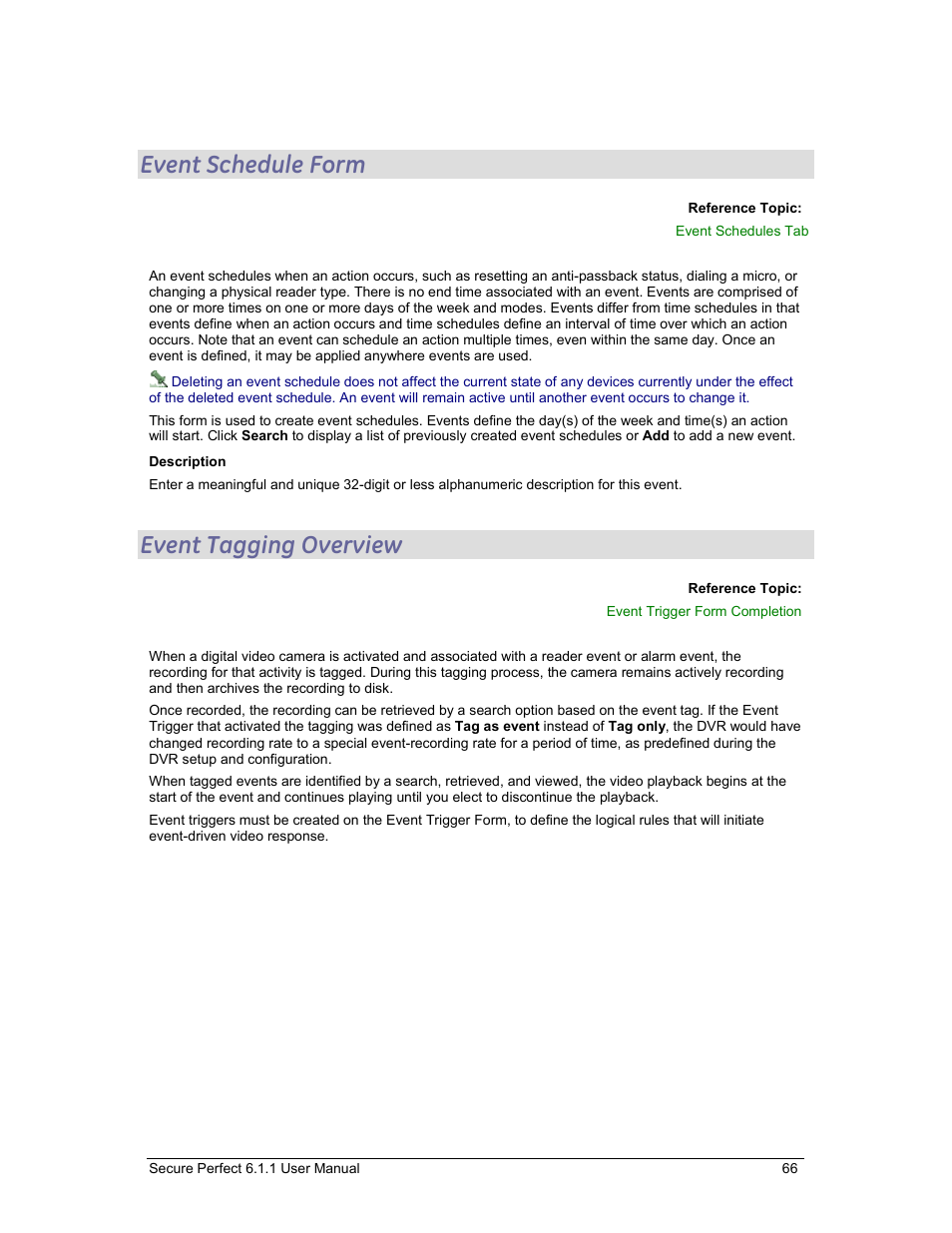 Event schedule form, Event tagging overview, Events | GE v6 User Manual | Page 68 / 269