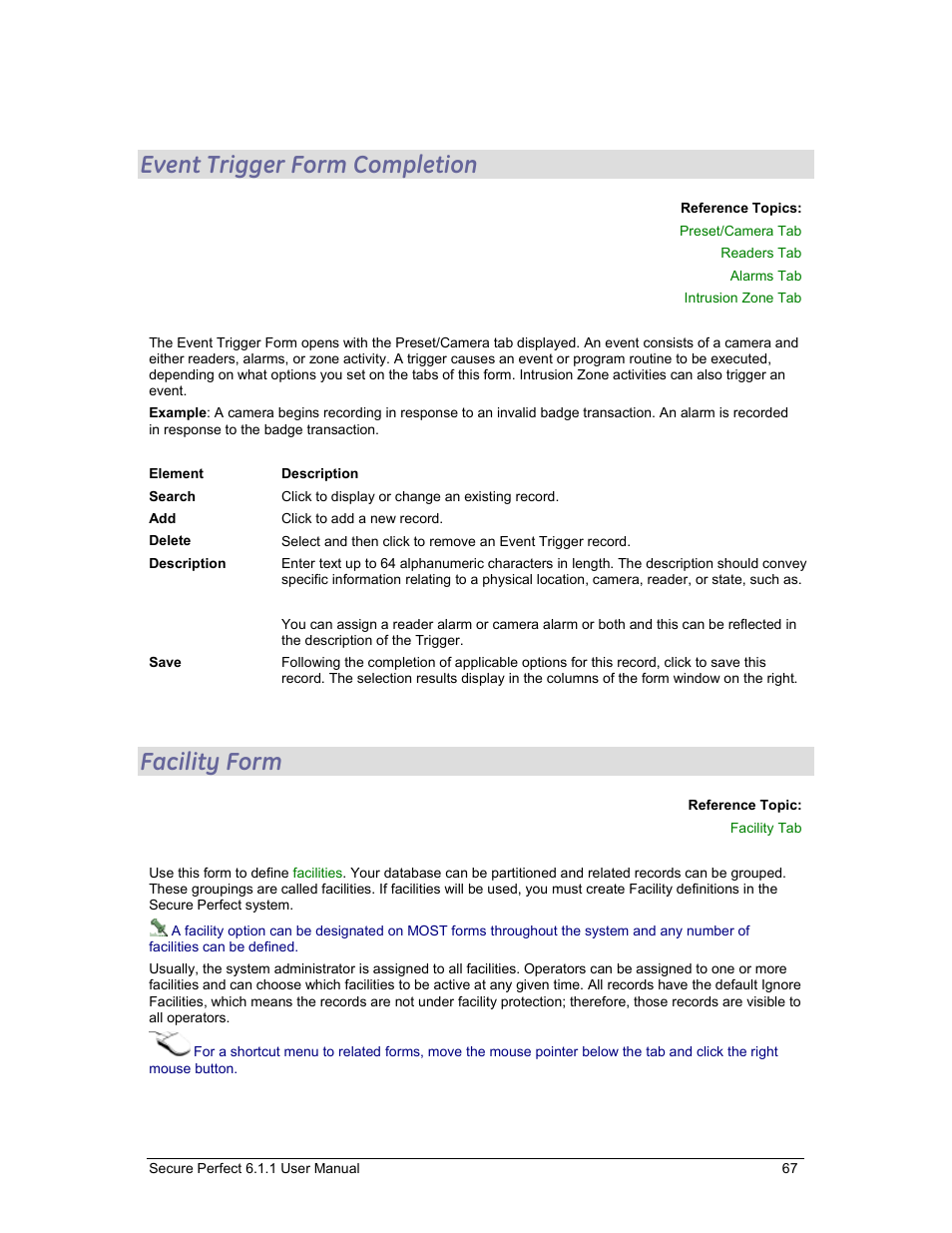 Event trigger form completion, Facility form, Efine | Facilities | GE v6 User Manual | Page 69 / 269