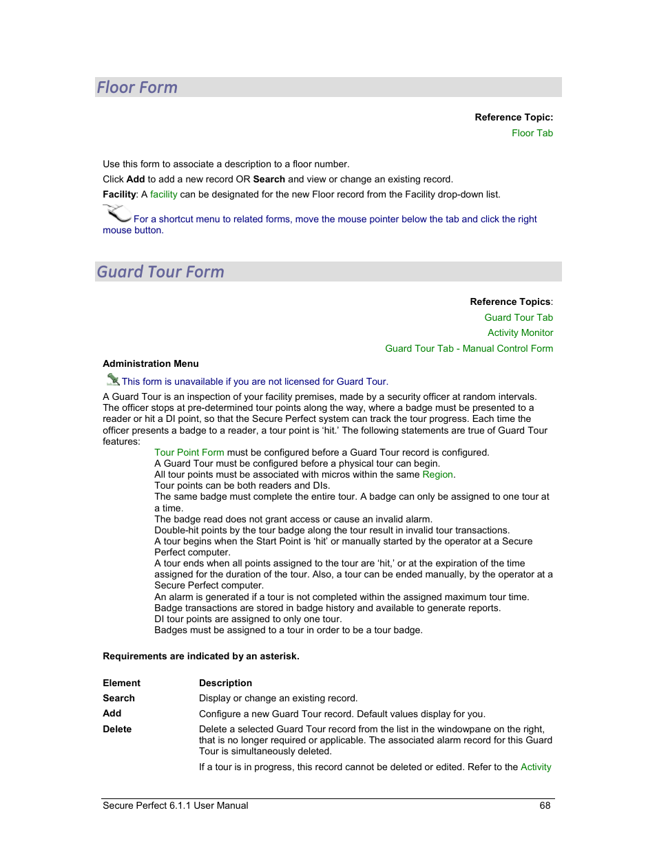 Floor form, Guard tour form | GE v6 User Manual | Page 70 / 269