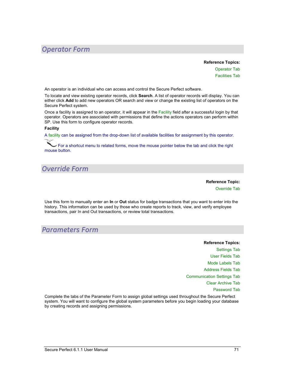Operator form, Override form, Parameters form | Parameters, Operators | GE v6 User Manual | Page 73 / 269