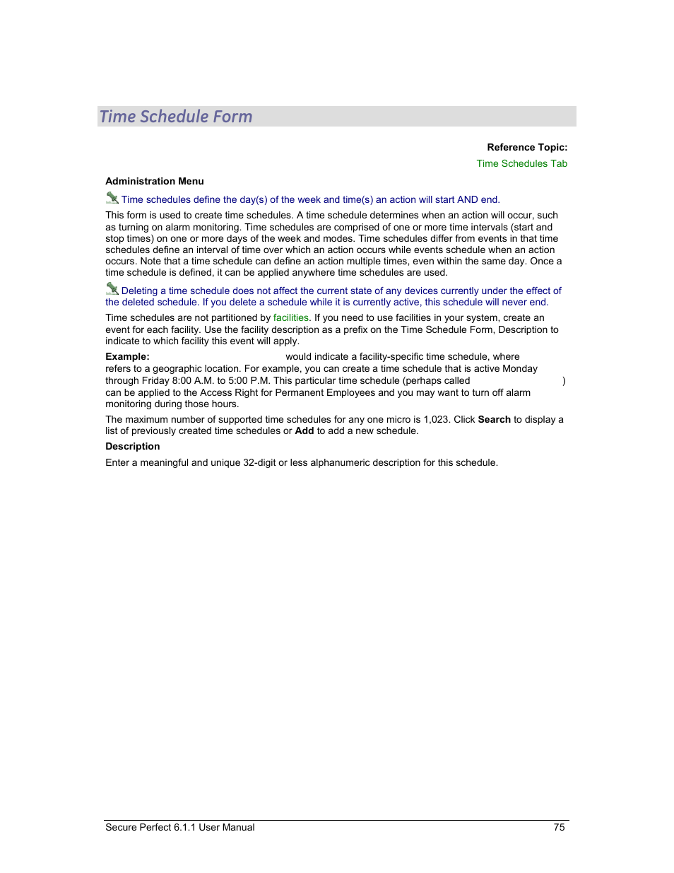 Time schedule form, Schedules | GE v6 User Manual | Page 77 / 269