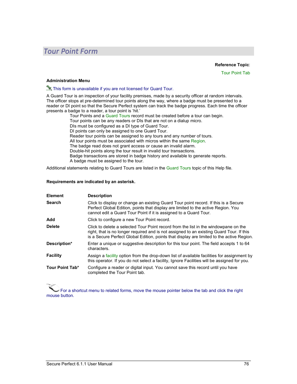 Tour point form, Tour point | GE v6 User Manual | Page 78 / 269