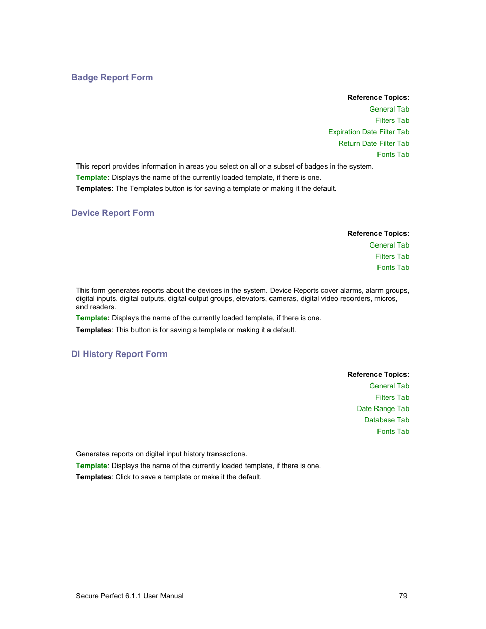 Badge report form, Device report form, Di history report form | Badge, Prov, Device configuration, Di history | GE v6 User Manual | Page 81 / 269