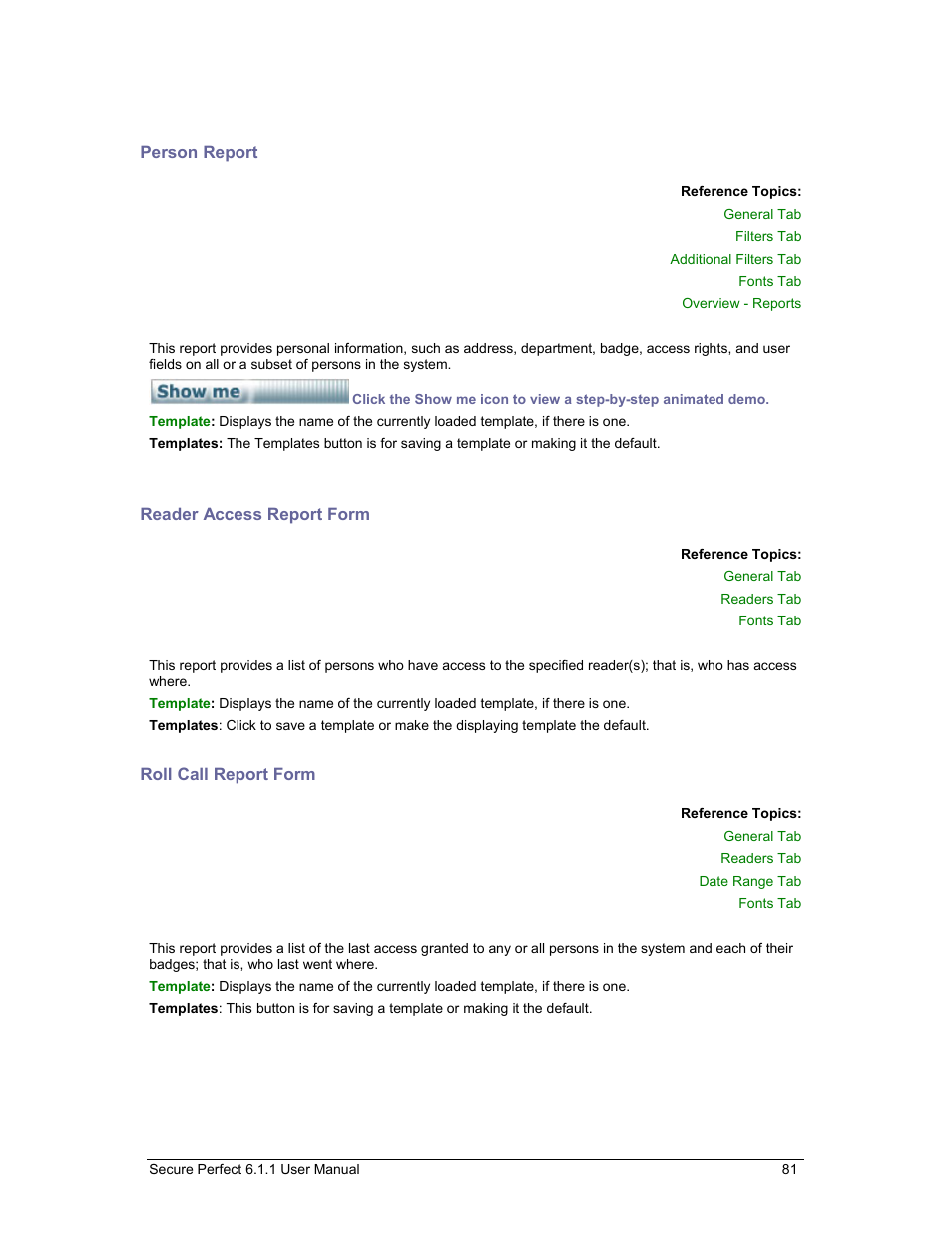 Person report, Reader access report form, Roll call report form | Person, Prov, Reader access, Roll call | GE v6 User Manual | Page 83 / 269